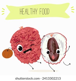 Personajes de dibujos animados linchados con diferentes actividades. Ilustración plana vectorial, frutos divertidos. Comida orgánica.