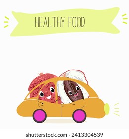 Personajes de dibujos animados linchados con diferentes actividades. Ilustración plana vectorial, frutos divertidos. Comida orgánica.