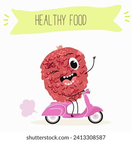 Cute  cartoon  characters lychee with different activities. Flat vector illustration, funny fruits. Organic food.