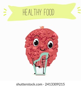 Cute  cartoon  characters lychee with different activities. Flat vector illustration, funny fruits. Organic food.