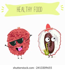 Cute  cartoon  characters lychee with different activities. Flat vector illustration, funny fruits. Organic food.