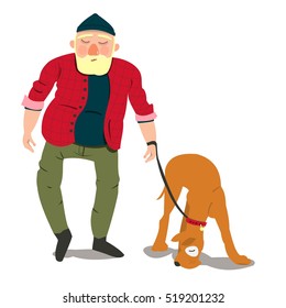 Cute cartoon characters. The man with the dog. Vector.