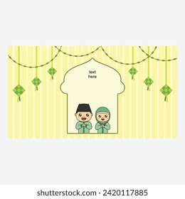 cute cartoon characters of muslim couple celebrating eid mubarak vector design illustration. Suitabale for t-shirt, mug, sticker, etc. Eps 10