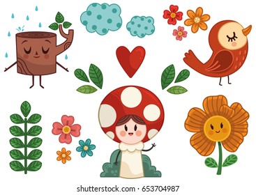 Cute Cartoon Characters in nature theme. (Vector illustration)