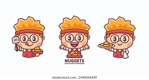 Cute cartoon characters and nuggets with different expressions and poses, vector illustration in outline style