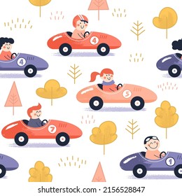Cute cartoon characters on the racing cars. Children seamless pattern. Fun background.