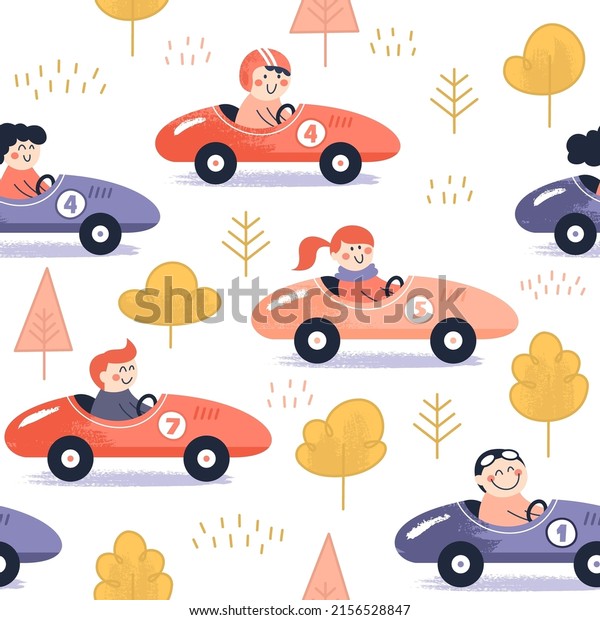 Cute cartoon characters on the racing\
cars. Children seamless pattern. Fun\
background.
