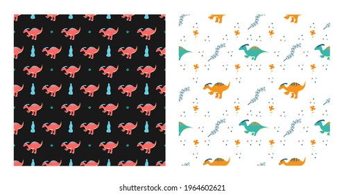 Cute Cartoon Characters Parasaurolophus Dinosaurs With Seamless Pattern To Wallpaper Background, Posters, or Banner Template. Vector Illustration