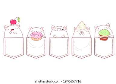 Cute cartoon characters pocket set. Baby collection of kawaii cats with donut, cupcake and cherry in pockets. Childish print with funny fat kitty for t-shirt. T-shirt design. Vector EPS8