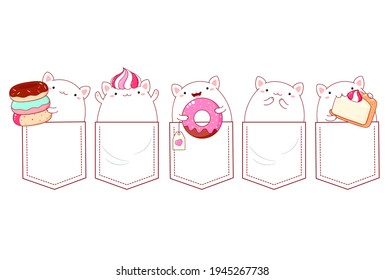 Juego de bolsillo de personajes de dibujos animados. Colección de bebés de gatos kawaii con donut y pastel en bolsillos. Huella infantil con un divertido gatito gordo para una camiseta. Diseño de camisetas. EPS vectorial8