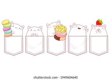 Juego de bolsillo de personajes de dibujos animados. Colección de bebés de gatos kawaii con donut, macarones y fresa en bolsillos. Huella infantil con un divertido gatito gordo para una camiseta. Diseño de camisetas. EPS vectorial8