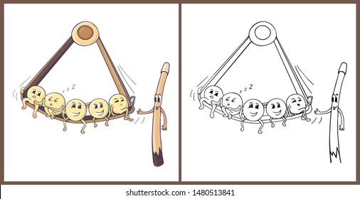 Cute cartoon characters, pool cue and triangle of balls. Coloring book pages illustration