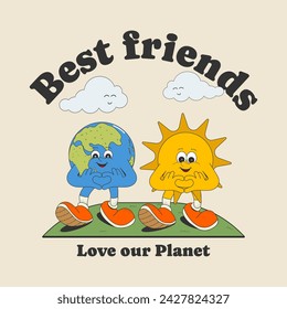 Cute cartoon characters print: Earth and sun. Vector illustration in trendy retro style of the 60s-70s