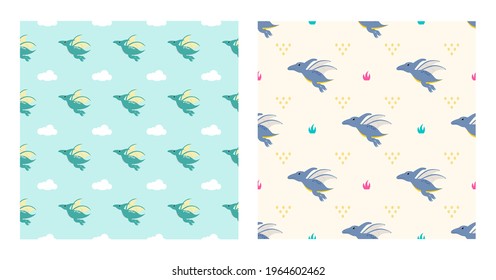 Cute Cartoon Characters Pterodactyl Dinosaurs With Seamless Pattern To Wallpaper Background, Posters, or Banner Template. Vector Illustration