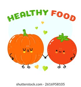 Cute cartoon characters of Pumpkin and Tomato holding hands to promote healthy food options.