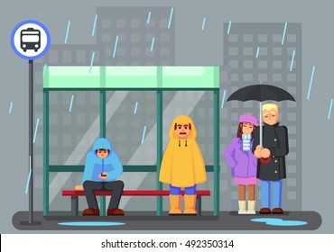 Personajes de caricatura con el impermeable bajo la lluvia y esperando el bus. Pasos de ilustración vectorial10