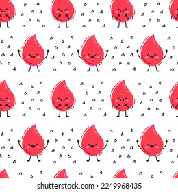 personajes lindos de dibujos animados gotas rojas de patrón de sangre. Patrón vectorial sin soldadura sobre fondo blanco