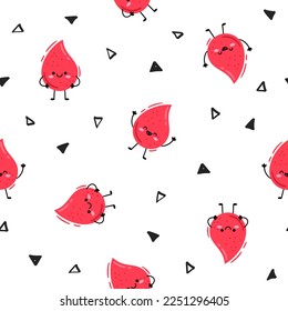 personajes lindos de dibujos animados gotas rojas de patrón de sangre. Patrón vectorial sin soldadura sobre fondo blanco