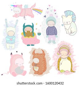 Cute cartoon characters set, cats, monsters, kids collection, isolated vector illustration for prints, stickers, t-shirts.