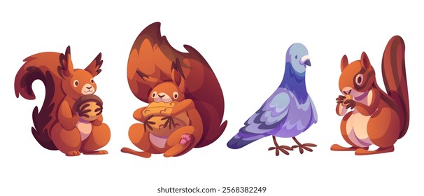 Cute cartoon characters set - fluffy squirrels holding acorn and nut in different poses and peaceful dove with purple gray plumage. Adorable forest creatures collection for children book or stickers.