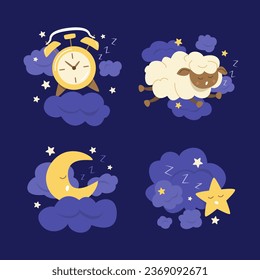 Cute Cartoon Characters Sleeping at Night Concept Flat Design Element Illustration Set