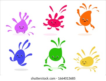 Cute cartoon characters of spots of paint. Multi-colored spray of mud, droplets of mucus, blots. Vector illustration. For packaging, brochures, design
