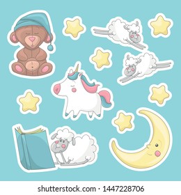 Cute cartoon characters sticker pack: jumping and reading a book sheep, unicorn, stars, sleeping bear, moon. Blue background. Cartoon style illustration. Vector.
