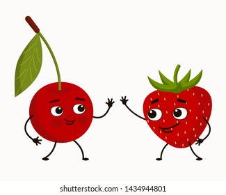 Cute cartoon characters strawberry and cherry. Characters berries meet and greet each other. Vector illustration.