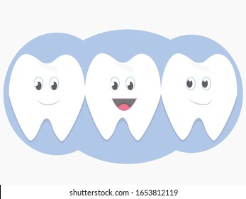 Cute cartoon characters teeths, happy, clean and smiling. Dental care in vector design. Friendly and childish.