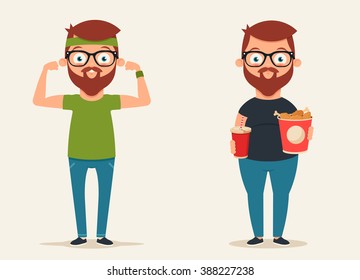 Cute Cartoon Characters: Thin Sportsman and Glutton Eating Fast Food. Vector Illustration