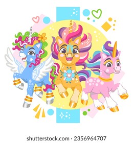 Cute cartoon characters three cool running unicorns. Vector illustration isolated on a white background. Happy magic unicorn. For print, design, poster, sticker, card, decoration, t shirt,kids clothes