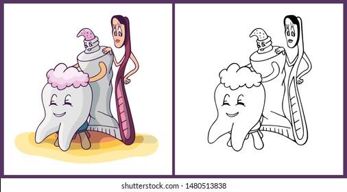 Cute cartoon characters, the tooth, toothpaste and toothbrush. Coloring book pages