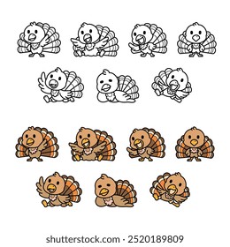 Cute cartoon characters, turkeys doodle set for Thanksgiving Day themed design, various of playful poses, vector illustration.