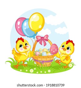 Cute cartoon characters two chickens and the basket with easter eggs. Vector isolated illustration. For postcard, poster, nursery design, cards, stickers, room decor, t-shirt, kids apparel, invitation