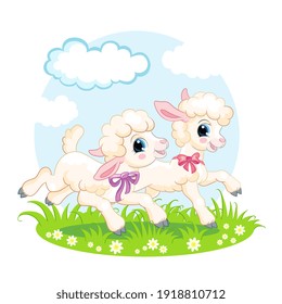 Cute cartoon characters two lambs running on a flower meadow. Vector isolated illustration. For postcard, posters, nursery design, greeting card, stickers, room decor, t-shirt, kids apparel,invitation