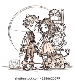 cute cartoon characters, two steampunk styled people dating, coloring book page, boy and girl, light machinery background