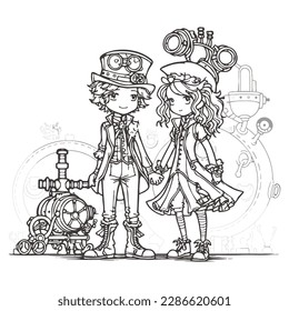 cute cartoon characters, two steampunk styled people dating, coloring book page, boy and girl, black isolated on white background, vector illustration