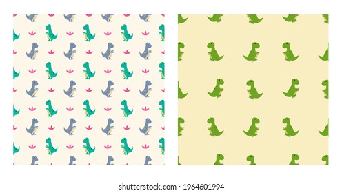 Cute Cartoon Characters Tyrannosaurus Dinosaurs With Seamless Pattern To Wallpaper Background, Posters, or Banner Template. Vector Illustration