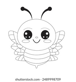 Cute Cartoon Characters Vector Illustration Bee Line Art For Kids Coloring Page.