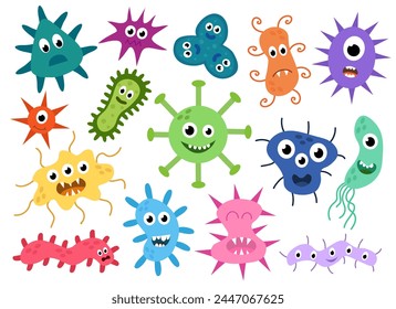 Cute cartoon characters virus, bacteria, microbe, germs set. Microbiology organism of different types of colorful and shapes. Mascots expressing emotions. Vector children illustration in flat design.