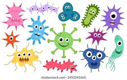 Cute cartoon characters virus, bacteria, microbe, germs set. Microbiology organism of different types of colorful and shapes. Mascots expressing emotions. Vector children illustration in flat design.