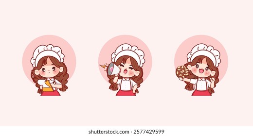 Cute cartoon characters of woman chef logo. Premium illustration vector. cartoon animation design.