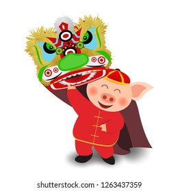 cute cartoon charactor of pig in red traditional Chinese cloth to perform dargon dance. Concept for element of greeting card, banner or celebration for Chinese new year, the year of pig in vector