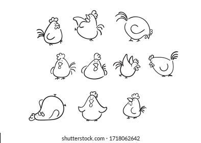 Cute cartoon charecter chickens set. Roosters and hens in different poses and emotions.