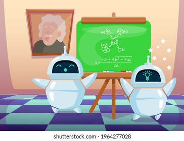 Cute cartoon chatbot making new scientific discovery. Flat vector illustration. Modern bots working as scientists, making scientific contribution. Science, artificial intelligence, robot concept