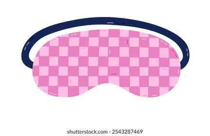 Cute cartoon checkered sleeping mask. Trendy girly pink eye mask with check print. Hand drawn bedtime accessory for good night to prevent insomnia. Colorful clipart isolated on white background.