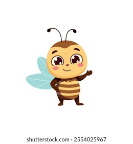 Cute cartoon cheerful bee smiles, standing and pointing with his palm at something interesting. Vector illustration
