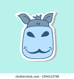 Cute cartoon cheerful hippo with a wide smile sticker isolated on mint background.