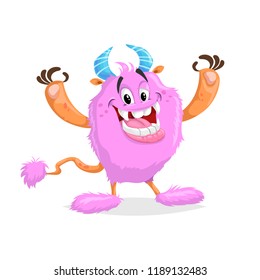 Cute cartoon cheerful pink monster. Big fluffed smiling face comic character with horns and tail. Halloween party symbol. Vector mascot isolated on white.