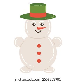 Cute cartoon cheerful snowman with green hat in flat style. Happy winter holidays design element.